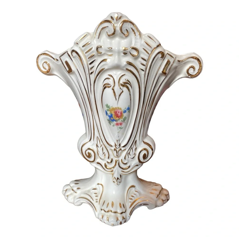 Vtg Paul's Gifts USA 9949 Victorian Fan Vase Ceramic Gold Gilt Floral Planter